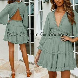 ⭐🆕 Boho sage green babydoll dress